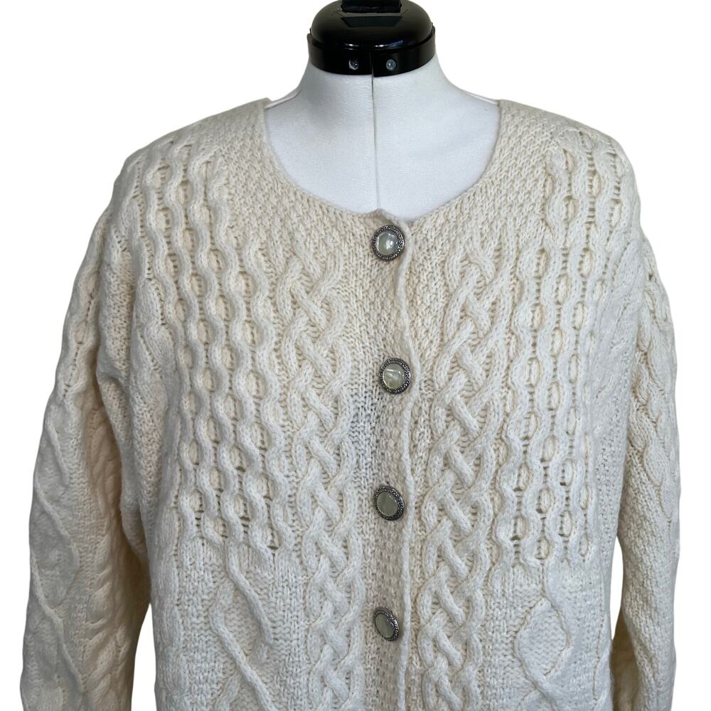 Aran Crafts XXL Vintage Cream Cable Knit Fisherman Cardigan Button-front Pockets - Picture 6 of 16
